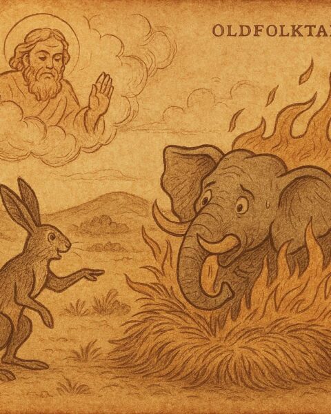Illustration of the hare tricking an elephant with burning hay in a Gambian folktale.