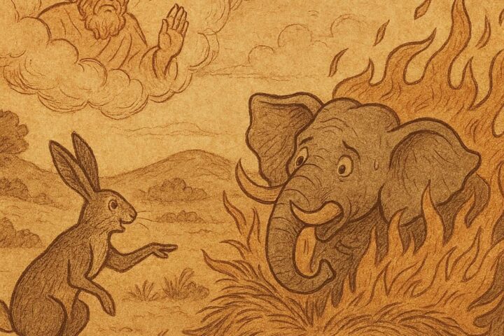 Illustration of the hare tricking an elephant with burning hay in a Gambian folktale.