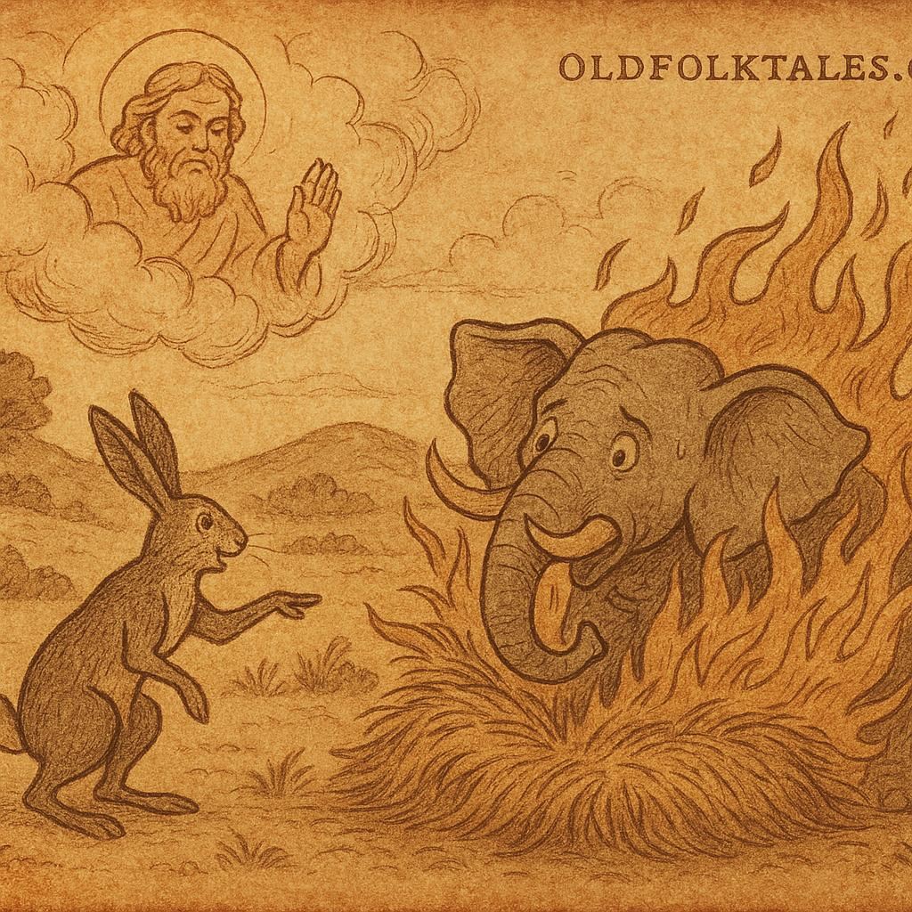 Illustration of the hare tricking an elephant with burning hay in a Gambian folktale.