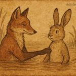 Gambian folktale illustration of a fox tricking a rabbit while fishing at a muddy riverbank.