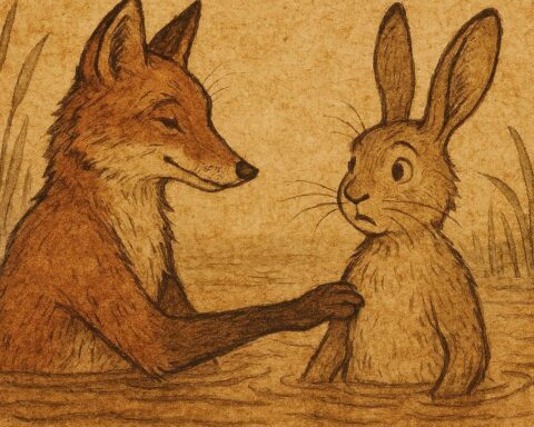 Gambian folktale illustration of a fox tricking a rabbit while fishing at a muddy riverbank.