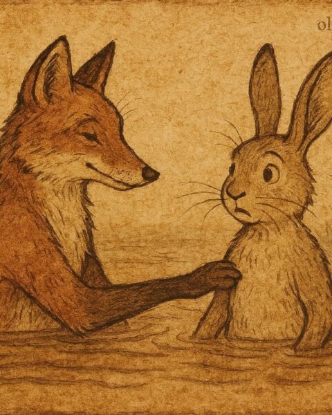 Gambian folktale illustration of a fox tricking a rabbit while fishing at a muddy riverbank.