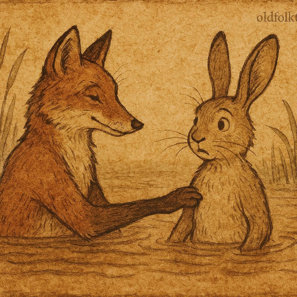 Gambian folktale illustration of a fox tricking a rabbit while fishing at a muddy riverbank.