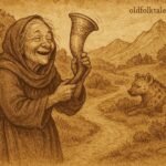 mage Prompt An old parchment-style illustration, landscape format, showing an old woman joyfully holding her magical horn near a quiet mountain path. A hyena figure rests peacefully in the background, blending into the natural setting. The scene is calm, with warm earthy tones and aged storybook textures. At the top right corner, add a subtle text logo: OldFolktales.com. Image Title: “The Hyena and the Old Woman’s Horn – OldFolktales.com” Alt Text (10–20 words): Gambian folktale illustration of an old woman recovering her magical horn near a mountain path.