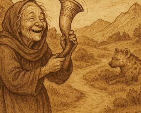 mage Prompt An old parchment-style illustration, landscape format, showing an old woman joyfully holding her magical horn near a quiet mountain path. A hyena figure rests peacefully in the background, blending into the natural setting. The scene is calm, with warm earthy tones and aged storybook textures. At the top right corner, add a subtle text logo: OldFolktales.com. Image Title: “The Hyena and the Old Woman’s Horn – OldFolktales.com” Alt Text (10–20 words): Gambian folktale illustration of an old woman recovering her magical horn near a mountain path.