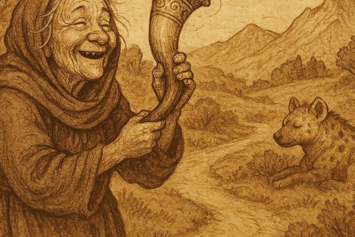 mage Prompt An old parchment-style illustration, landscape format, showing an old woman joyfully holding her magical horn near a quiet mountain path. A hyena figure rests peacefully in the background, blending into the natural setting. The scene is calm, with warm earthy tones and aged storybook textures. At the top right corner, add a subtle text logo: OldFolktales.com. Image Title: “The Hyena and the Old Woman’s Horn – OldFolktales.com” Alt Text (10–20 words): Gambian folktale illustration of an old woman recovering her magical horn near a mountain path.