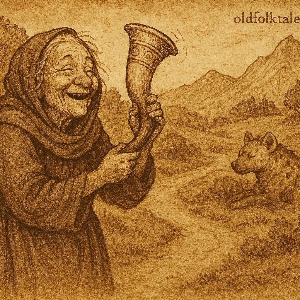 mage Prompt An old parchment-style illustration, landscape format, showing an old woman joyfully holding her magical horn near a quiet mountain path. A hyena figure rests peacefully in the background, blending into the natural setting. The scene is calm, with warm earthy tones and aged storybook textures. At the top right corner, add a subtle text logo: OldFolktales.com. Image Title: “The Hyena and the Old Woman’s Horn – OldFolktales.com” Alt Text (10–20 words): Gambian folktale illustration of an old woman recovering her magical horn near a mountain path.