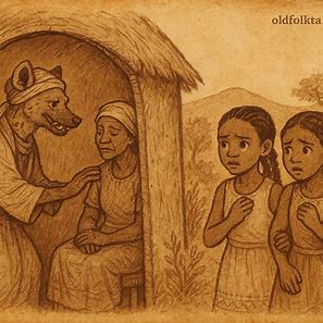 Hyena disguised as healer with mother inside hut, daughters waiting anxiously outside, Senegal folktale.