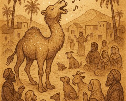 A magical singing camel in a Mauritanian desert village surrounded by villagers and animals - Mauritanian folktale