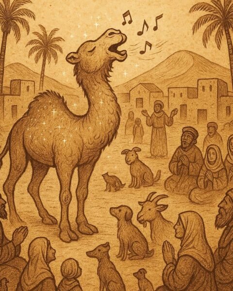 A magical singing camel in a Mauritanian desert village surrounded by villagers and animals - Mauritanian folktale