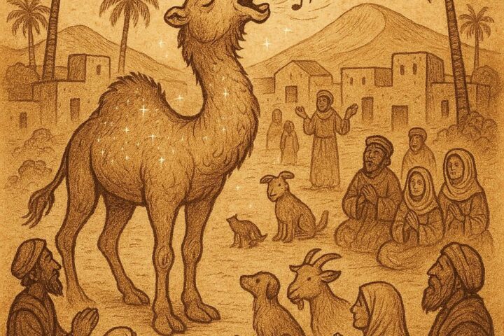 A magical singing camel in a Mauritanian desert village surrounded by villagers and animals - Mauritanian folktale