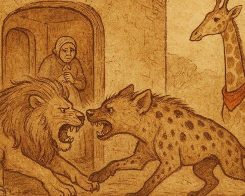 Lion and Hyena collide at house doorway, giraffe with red cloth, Wolof folktale from Senegal.