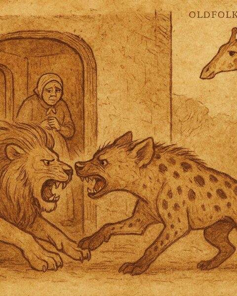 Lion and Hyena collide at house doorway, giraffe with red cloth, Wolof folktale from Senegal.