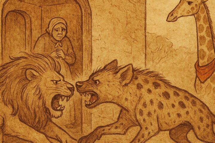 Lion and Hyena collide at house doorway, giraffe with red cloth, Wolof folktale from Senegal.