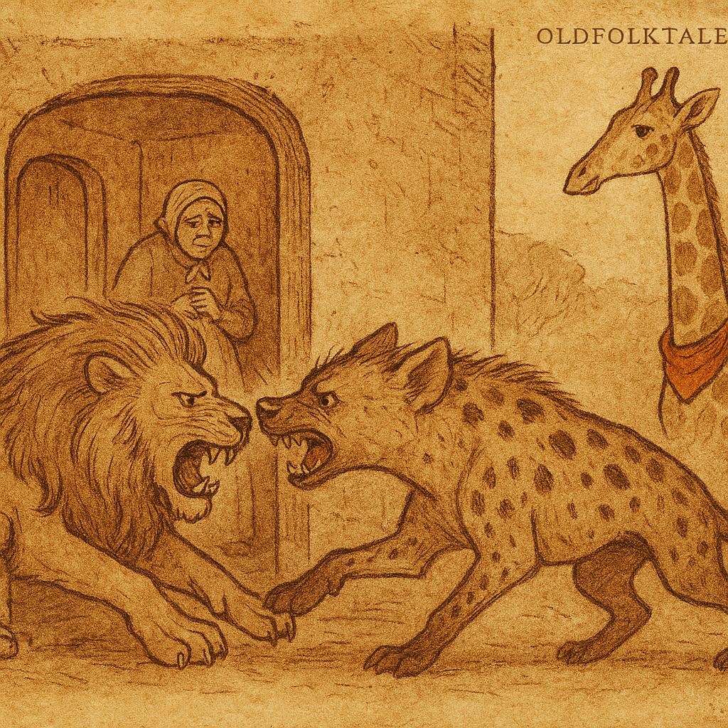 Lion and Hyena collide at house doorway, giraffe with red cloth, Wolof folktale from Senegal.