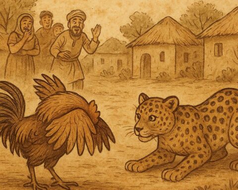 Cock Fowl tricks Leopard with a clever head-hiding illusion in a Congolese folktale.