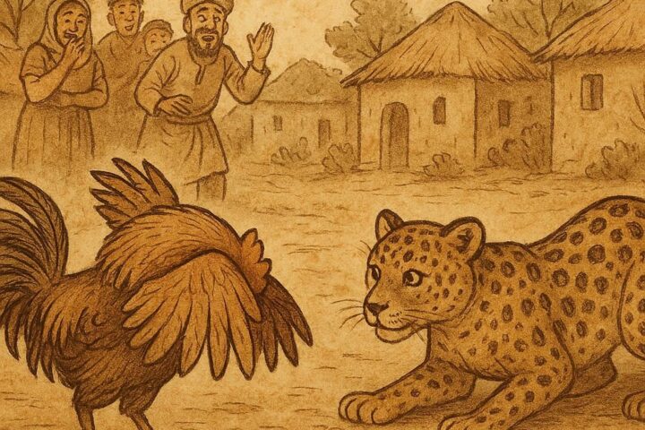 Cock Fowl tricks Leopard with a clever head-hiding illusion in a Congolese folktale.