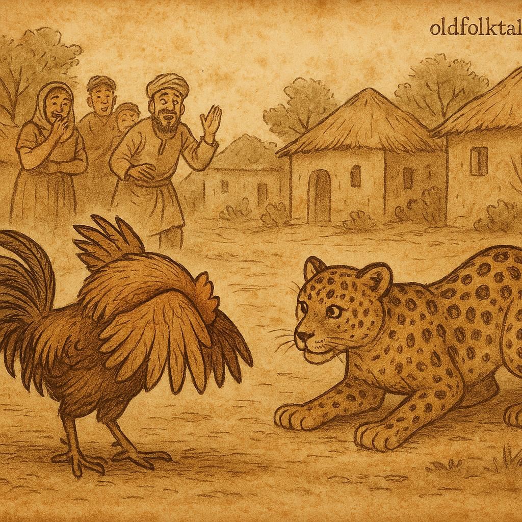 Cock Fowl tricks Leopard with a clever head-hiding illusion in a Congolese folktale.