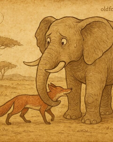 Old parchment-style illustration of fox tricking elephant for water in Gabonese folktale, drawn with warm earthy colors.