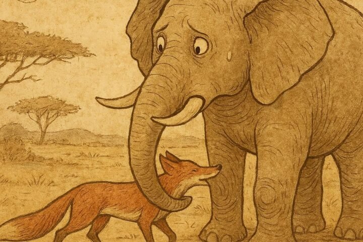 Old parchment-style illustration of fox tricking elephant for water in Gabonese folktale, drawn with warm earthy colors.