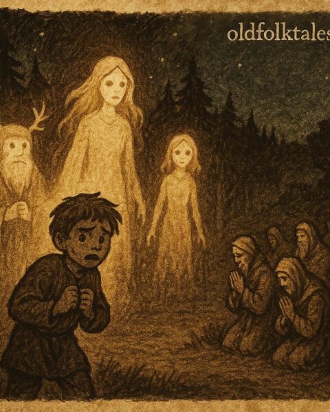 A frightened child faces glowing forest spirits at night while villagers pray nearby - Gabonese folktales