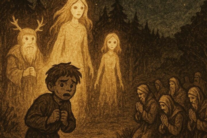 A frightened child faces glowing forest spirits at night while villagers pray nearby - Gabonese folktales