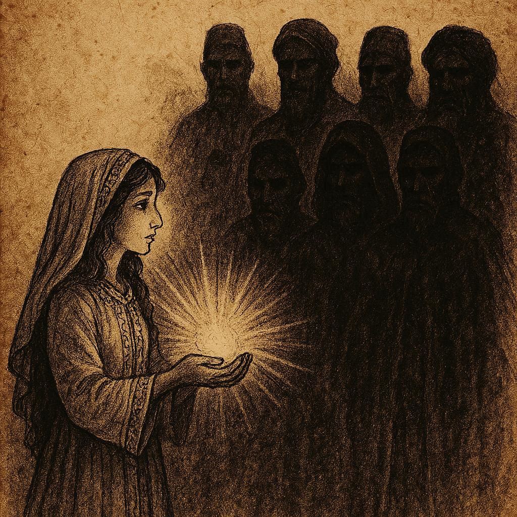 A Moroccan girl holding light as she faces her seven cursed brothers.