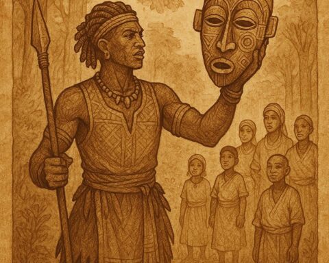 A Guro hunter holds a sacred mask in a forest clearing while villagers watch with respect - Ivorian folktale