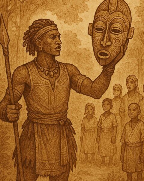 A Guro hunter holds a sacred mask in a forest clearing while villagers watch with respect - Ivorian folktale