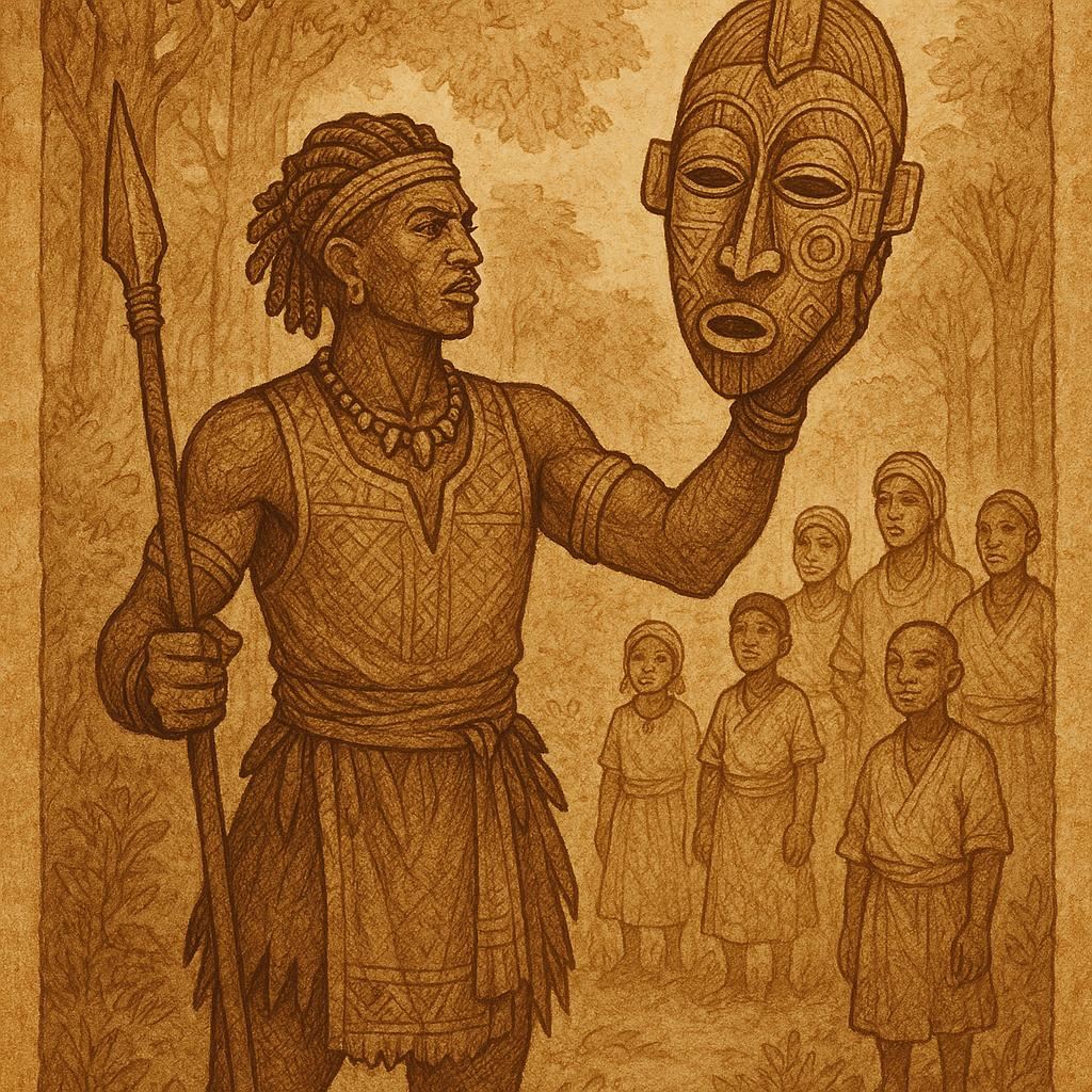 A Guro hunter holds a sacred mask in a forest clearing while villagers watch with respect - Ivorian folktale