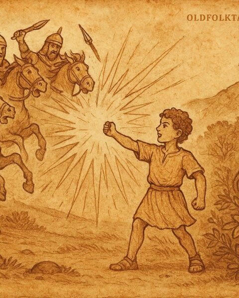 Parchment-style illustration of mother and powerful son facing chief and horsemen, Ethiopian folktale, East Africa.