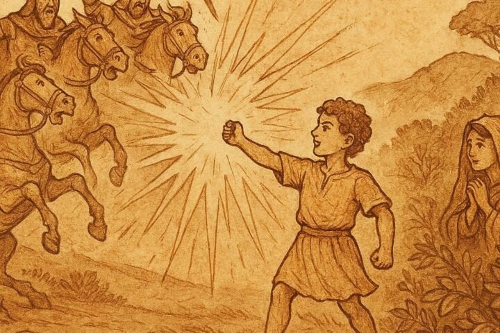 Parchment-style illustration of mother and powerful son facing chief and horsemen, Ethiopian folktale, East Africa.