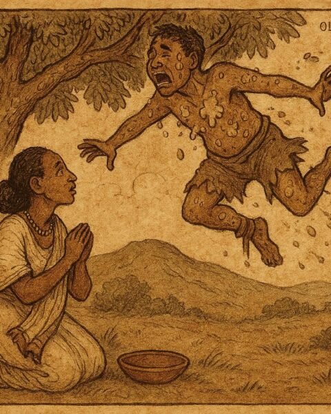 Parchment-style illustration of Ethiopian woman under tree as greedy husband falls, revealing shameful trick.