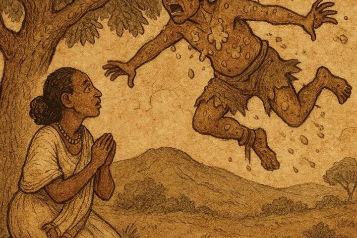Parchment-style illustration of Ethiopian woman under tree as greedy husband falls, revealing shameful trick.