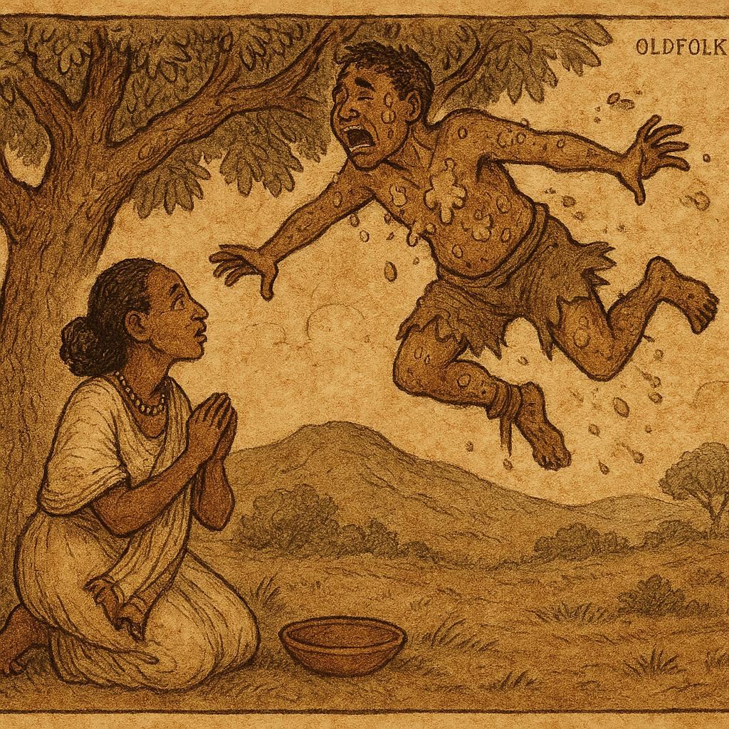 Parchment-style illustration of Ethiopian woman under tree as greedy husband falls, revealing shameful trick.