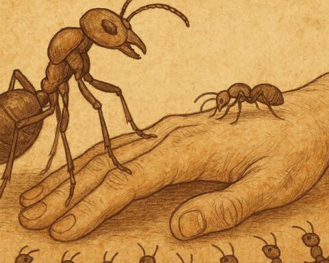 Illustration of Driver-ant and Small-ant in a Congolese folktale, showing patience triumphing over pride and strength.