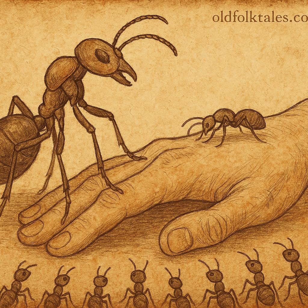 Illustration of Driver-ant and Small-ant in a Congolese folktale, showing patience triumphing over pride and strength.