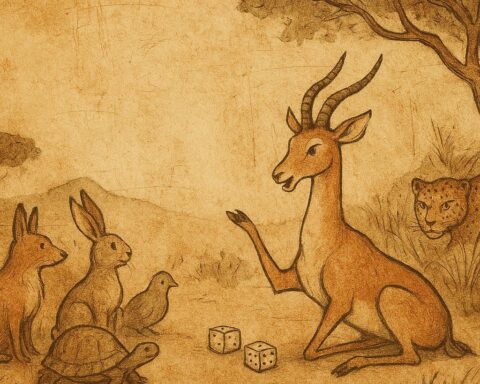 Gazelle boasting at dice game, animals listening, Central African folktale.