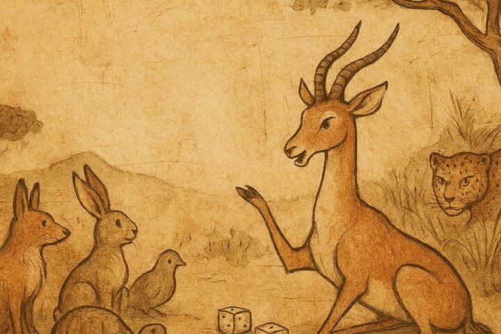 Gazelle boasting at dice game, animals listening, Central African folktale.