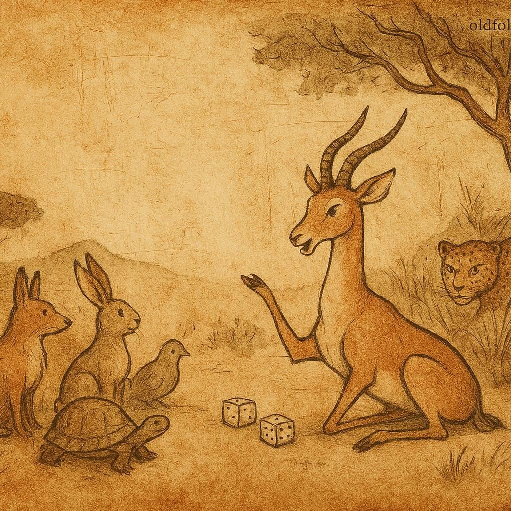 Gazelle boasting at dice game, animals listening, Central African folktale.
