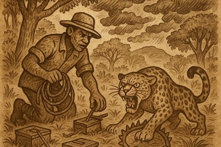 A greedy hunter in a Gabonese forest setting too many traps, with a leopard caught and ready to attack - Gabonese folktale