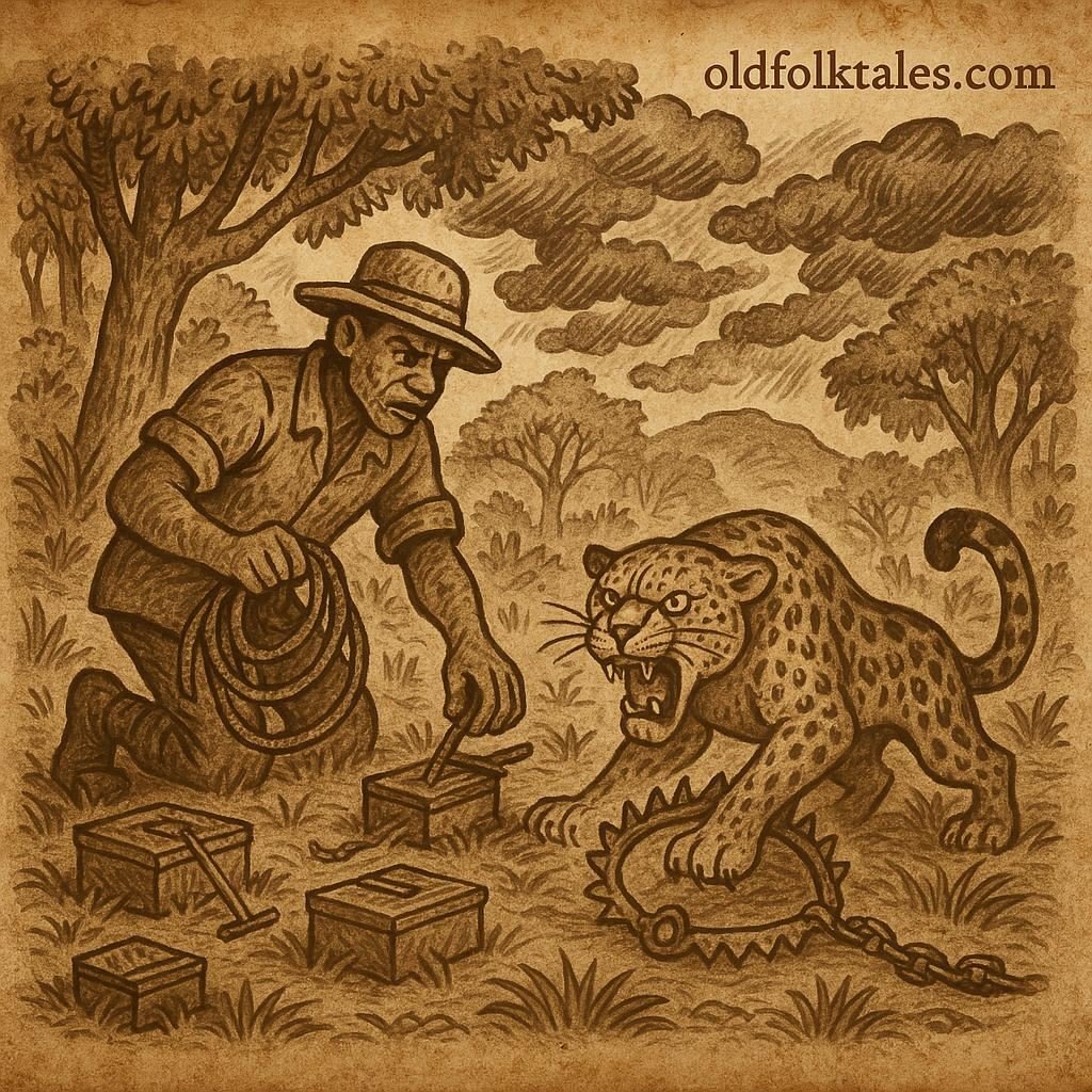 A greedy hunter in a Gabonese forest setting too many traps, with a leopard caught and ready to attack - Gabonese folktale