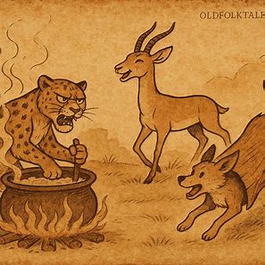 Leopard boiling a pot while clever Gazelle escapes as dog in Congolese folktale.