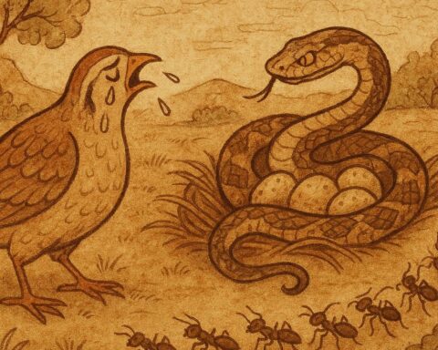 Partridge’s eggs guarded by python, saved by ants in Congolese folktale.