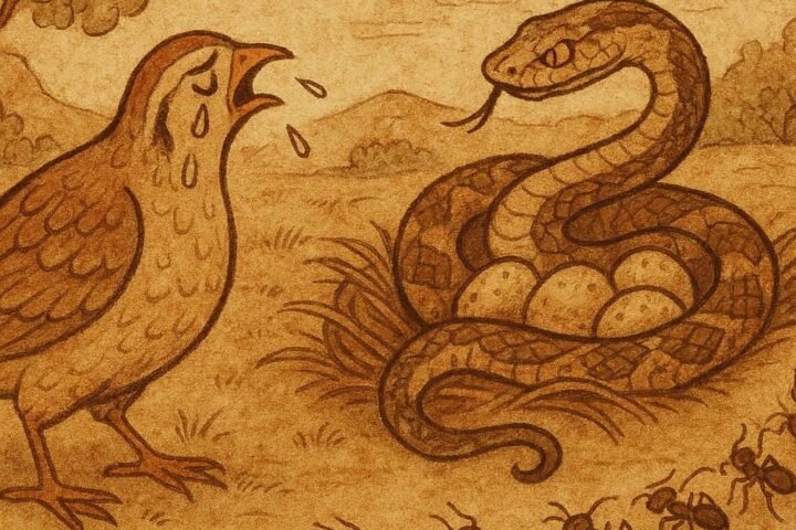 Partridge’s eggs guarded by python, saved by ants in Congolese folktale.