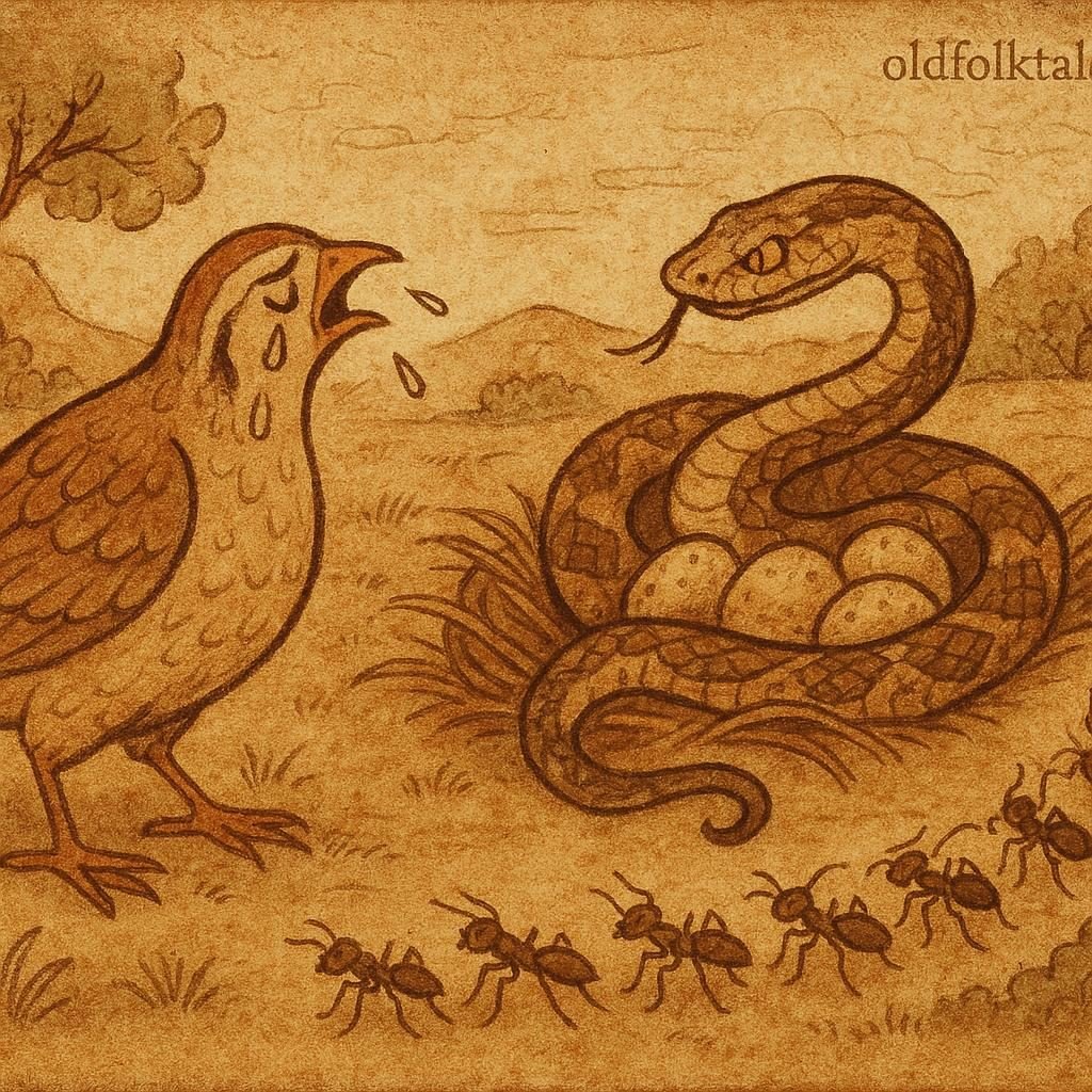 Partridge’s eggs guarded by python, saved by ants in Congolese folktale.