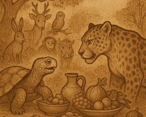 a tortoise using cleverness to outwit a powerful leopard at a forest feast, inspired by an Ewe folktale from Seva, Volta Region