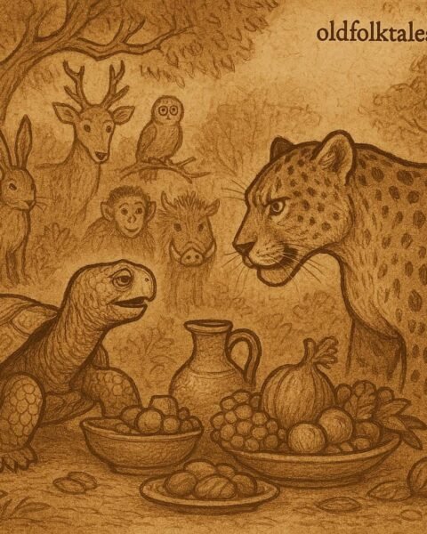a tortoise using cleverness to outwit a powerful leopard at a forest feast, inspired by an Ewe folktale from Seva, Volta Region