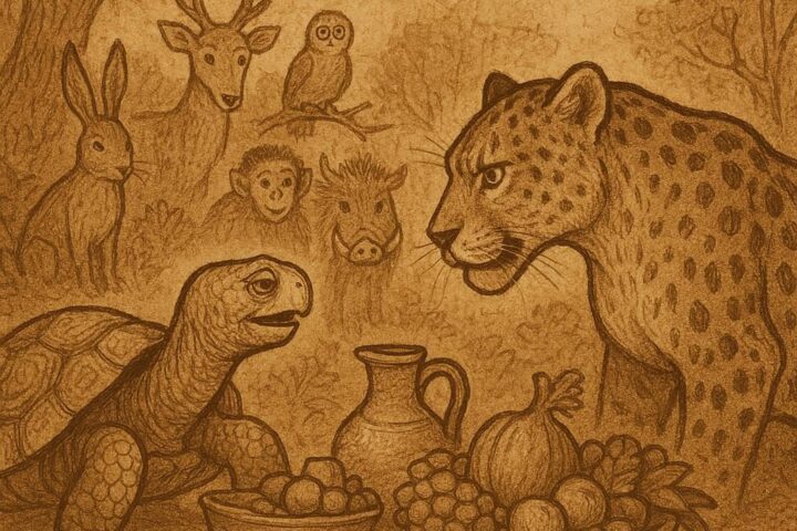 a tortoise using cleverness to outwit a powerful leopard at a forest feast, inspired by an Ewe folktale from Seva, Volta Region