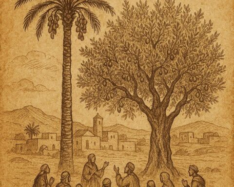 a tall date palm and a sturdy olive tree standing together in a Tunisian village, with villagers gathering beneath their branches